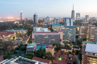 Nairobi, Kenya skyline with modern skyscrapers and city buildings, representing business, relocation and expatriate life in Africa.